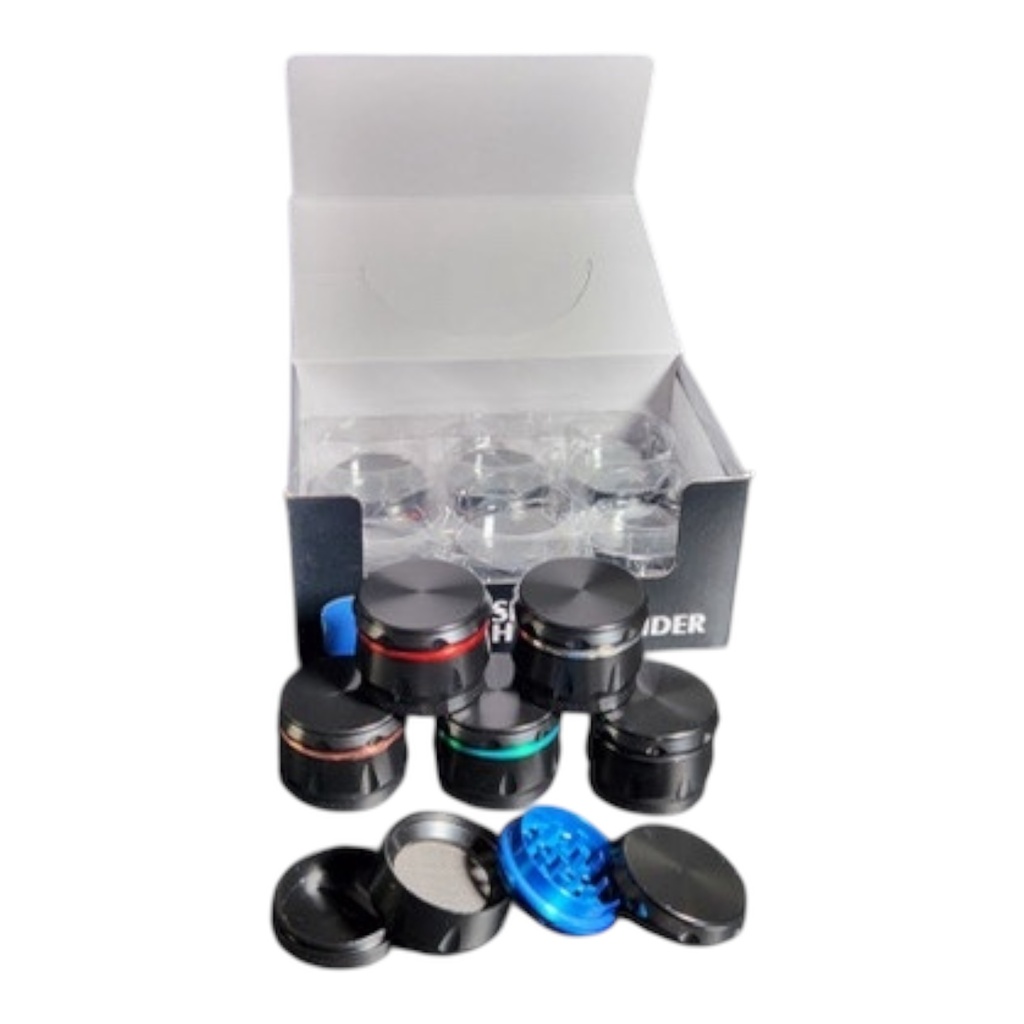 SPICE HERB GRINDER BLACK WITH MIX COLOR RINGS 4 PARTS #SW-2087 BOX OF 12