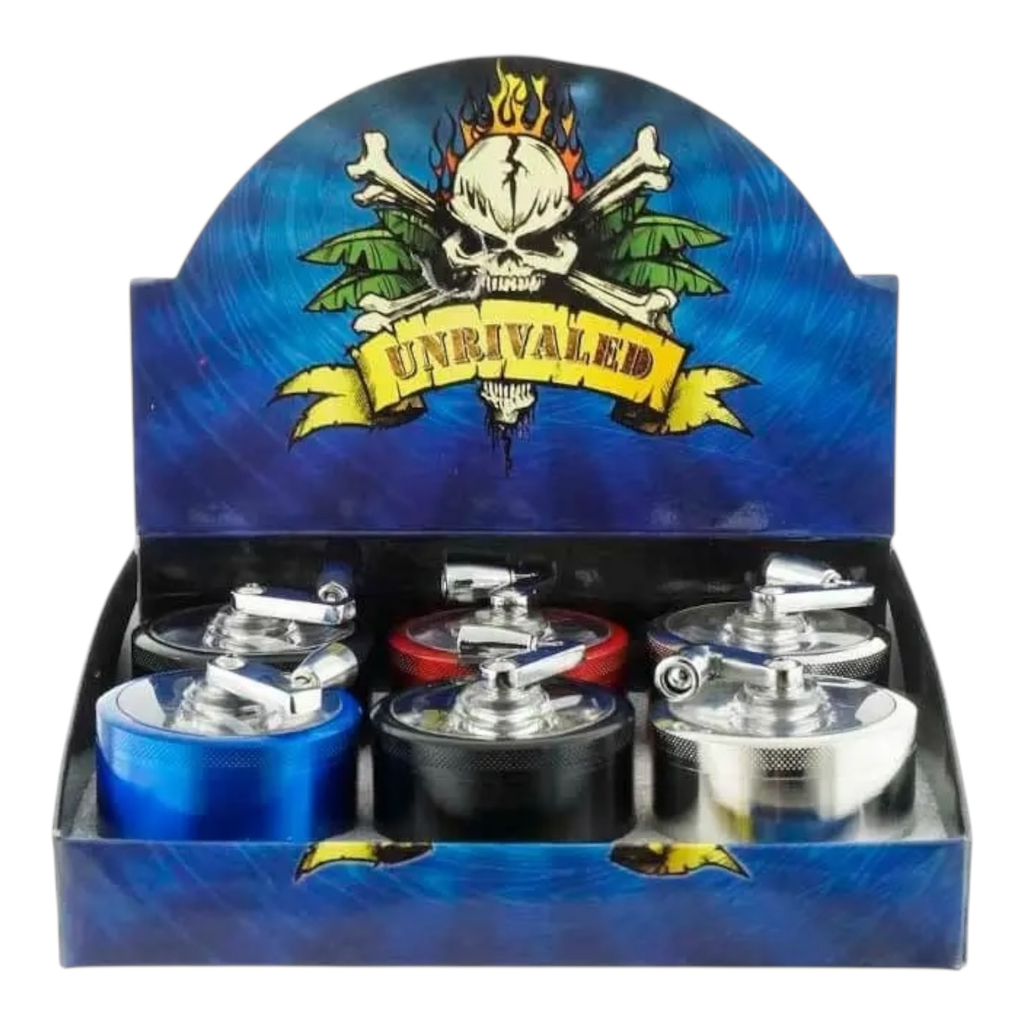 TOBACCO GRINDER 63MM ZINC ALLOY WITH HANDLE ON TOP 4 PARTS #GR071 BOX OF 6