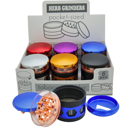 [HERB-23692] HERB GRINDERS POCKET-SIZED 4 PARTS TOBACCO GRINDER WITH ROMAN NUMERALS #DK5200-4 BOX OF 6