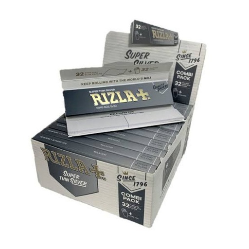 [ITM071021020893] RIZLA SUPER THIN SILVER KING SIZE SLIM PAPERS WITH TIPS BOX OF 24