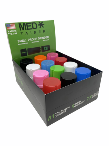 [ITM230620010064] MED TAINER ASSORTED COLORS SMELL PROOF GRINDER BOX OF 12