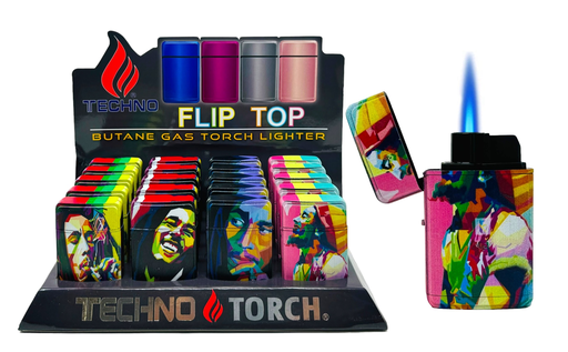 [TECH-19179] TECHNO TORCH #19607-BM BOB MARLEY DESIGN FLIP TOP TORCH LIGHTERS BOX OF 20
