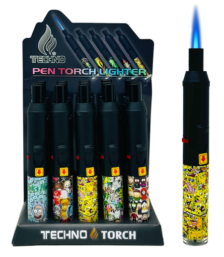 [TECH-25914] TECHNO TORCH #19132-DD1 CARTOONS DESIGN PEN TORCH LIGHTERS BOX OF 15