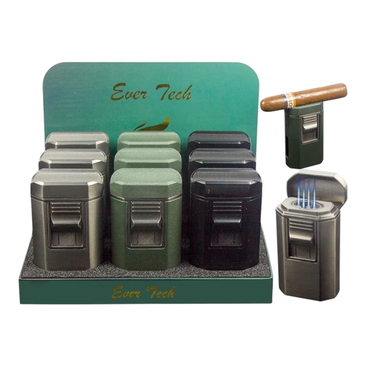 [Temp-HAM-001867] EVER TECH QUAD FLAME TORCH LIGHTER WITH CIGAR HOLDER, CUTTER AND PUNCHER #M0423 BOX OF 9