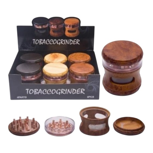 [Temp-HAM-004715] TOBACCO GRINDER WOODEN DESIGN WITH WINDOW 4 PARTS #GR216-63W BOX OF 6