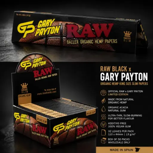 RAW[GARY PAYTON] BLACK KING-SIZE SLIM (ORGANIC HEMP) 32 LEAVES/PCK 50/BOX